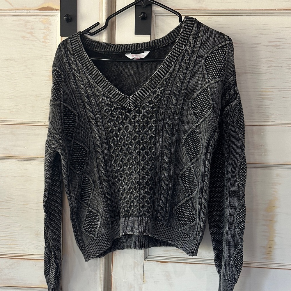 No Boundaries Charcoal V-Neck Cable Knit Sweater